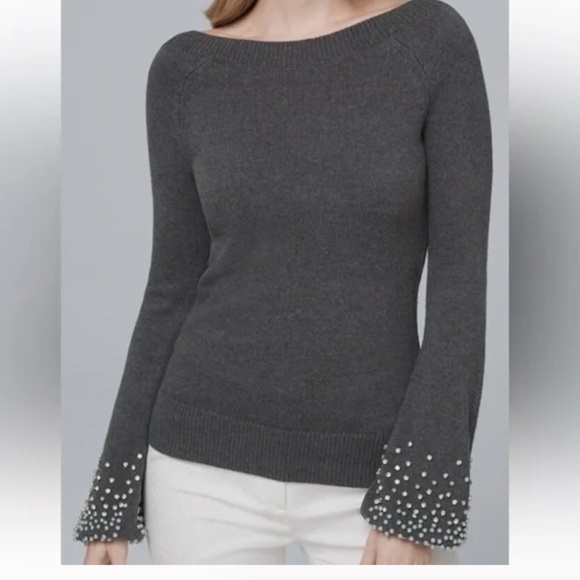 White House Black Market Gray Embellished Sleeve Sweater - Picture 1 of 9